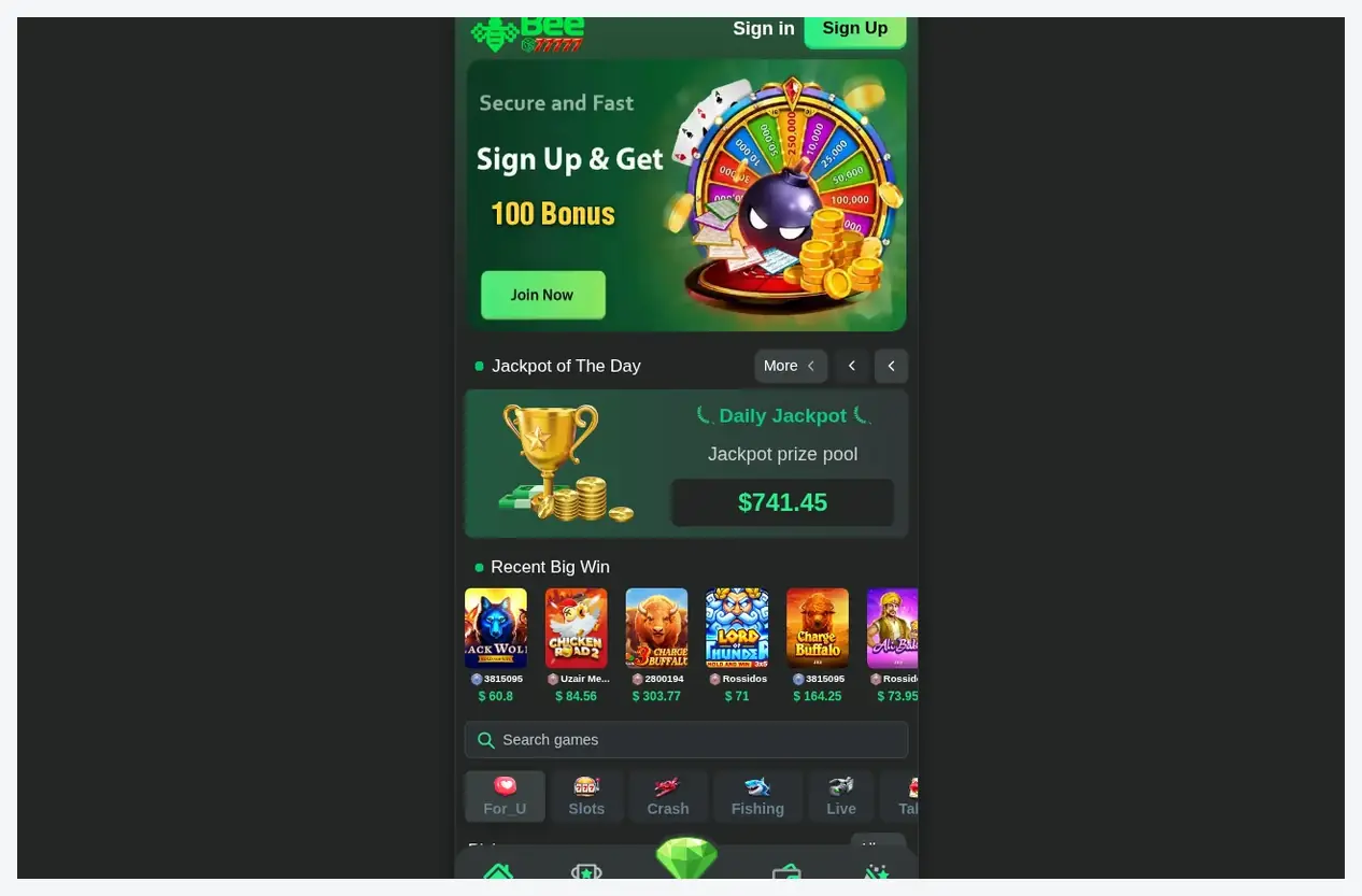 Bee77777 Casino home page, "Sign Up & Get 100 Bonus" hero banner with game grid below, 26.10.2026